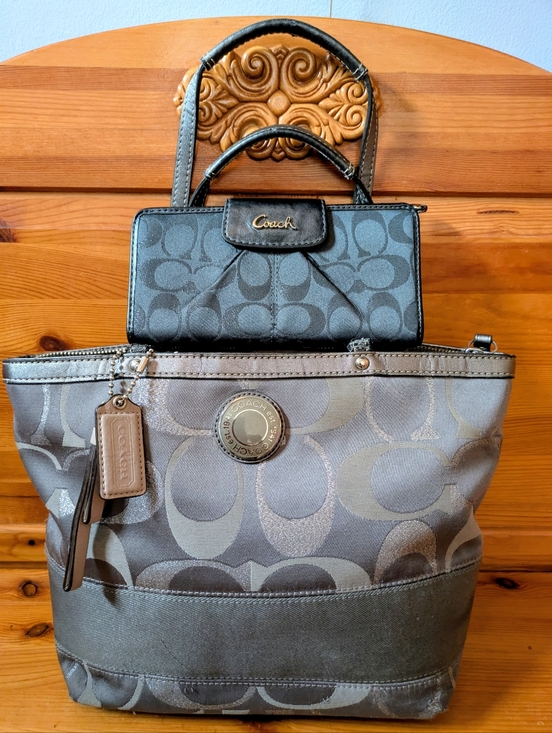 Coach Handbags - Coach Metallic Gray Signature Tote with Matching Wallet